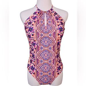 Tahiti Peach Medallion Floral Halter Padded‎ 1Pc Swimsuit MEDIUM (8-10) Colorful